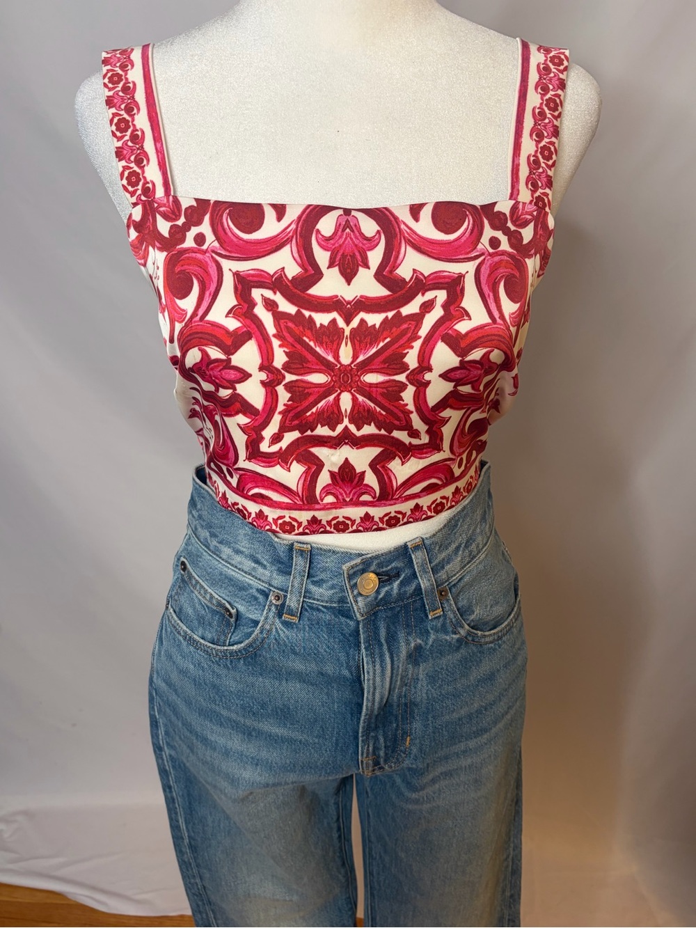 Rachel Zoe Pink and Cream Floral-Print Cropped Camisole